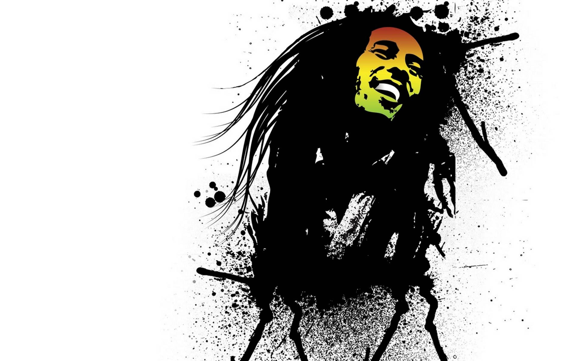 Bob Marley 肖像，以彩色潑濺藝術風格呈現於白色背景上