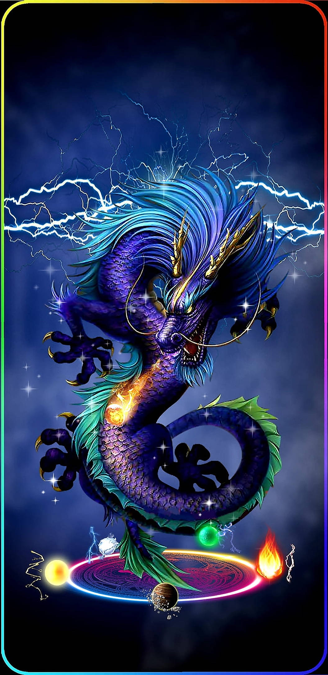 雷龍肖像 壁紙 — 一隻雄偉的紫色龍，擁有電光藍色的鬃毛和綠色的尾巴，在暴風雨的天空和閃電中盤旋在發光的魔法圓圈上方。
