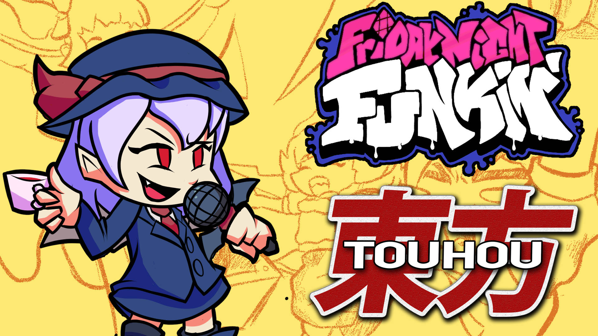 電光交織跨界：Friday Night Funkin 遇見 Touhou 壁紙 — 一個紫色頭髮的Q版東方角色在黃色背景上對著咪高峰唱歌，旁邊有Friday Night Funkin'和東方標誌。