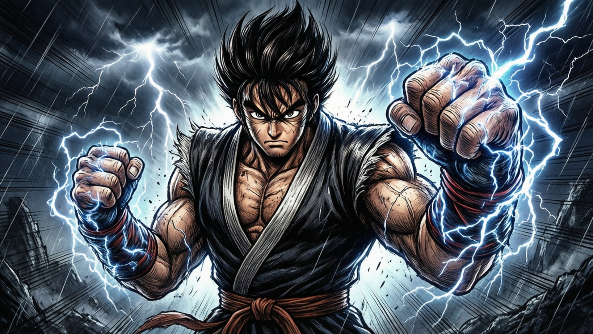 電光拳 壁紙 — 一個肌肉發達、黑色刺蝟頭的動漫戰士，在暴風雨的天空下從拳頭釋放出噼啪作響的藍色閃電。
