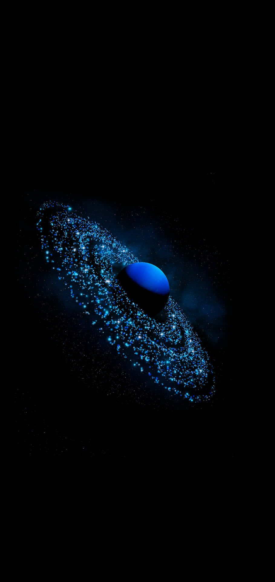深空中帶有發光粒子環的藍色行星