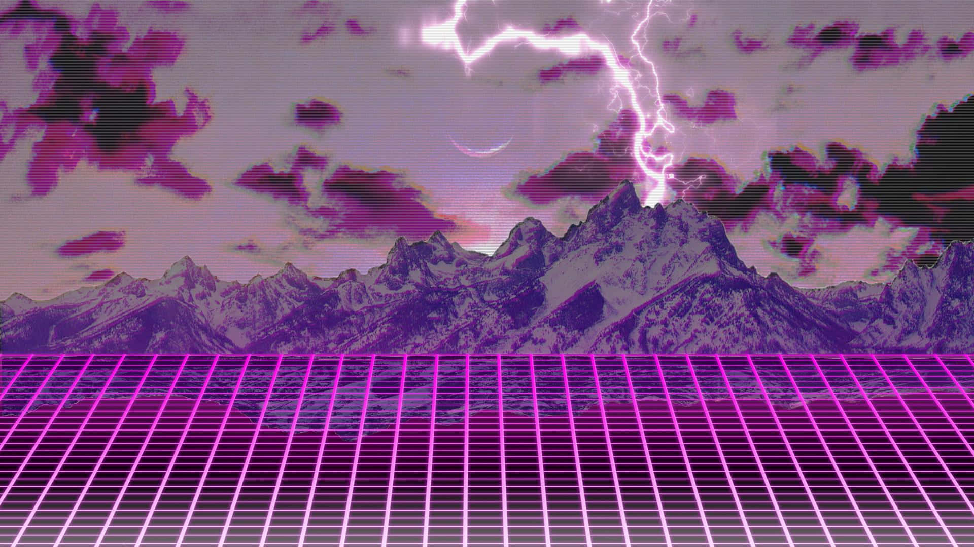 在故障天空下，帶有鋸齒狀山脈和閃電的紫色霓虹網格地板。