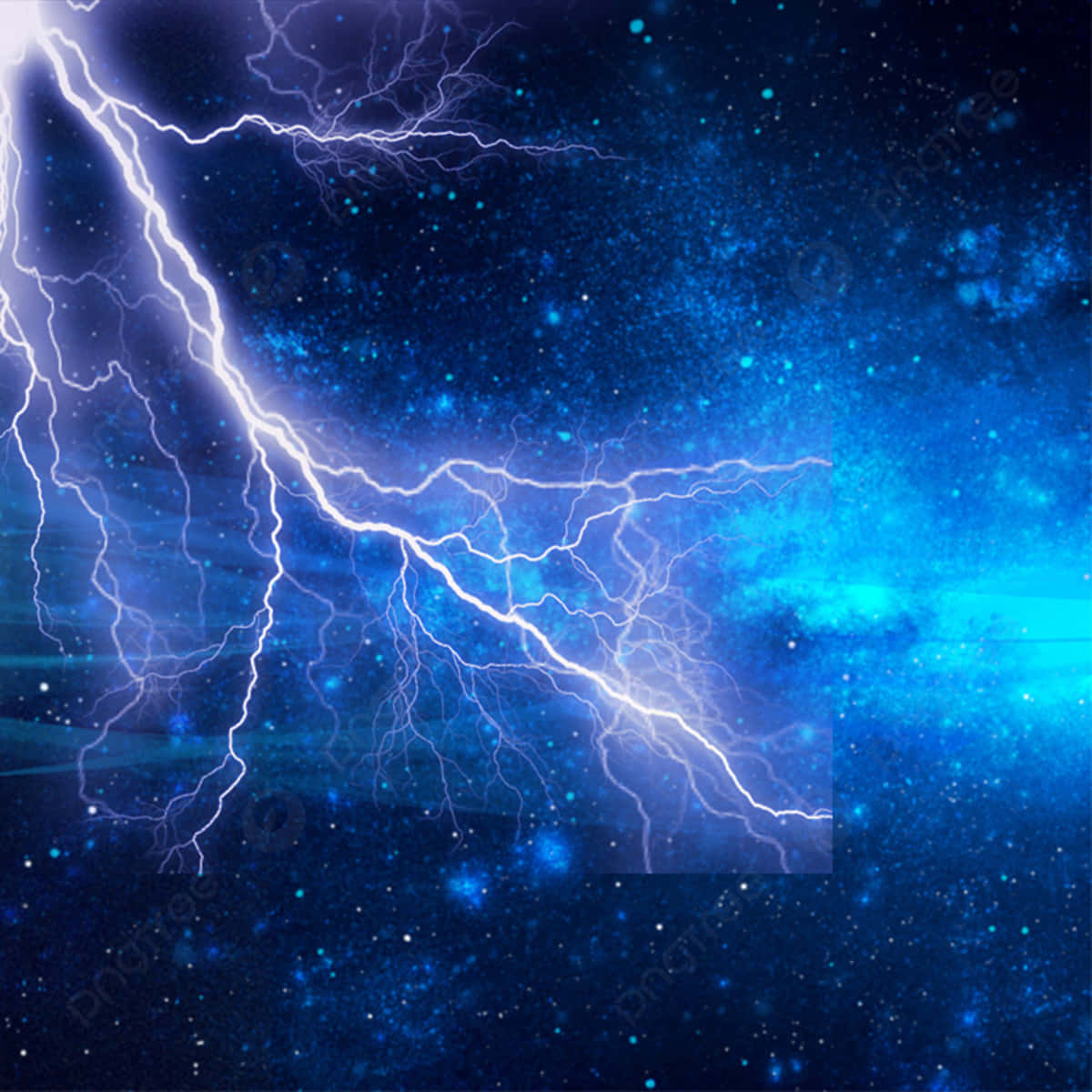 電光舞動 - 雷霆的壯麗展現 壁紙 — 一道耀眼的白色閃電叉開，劃過充滿發光恆星和宇宙塵埃的宇宙藍色星雲。