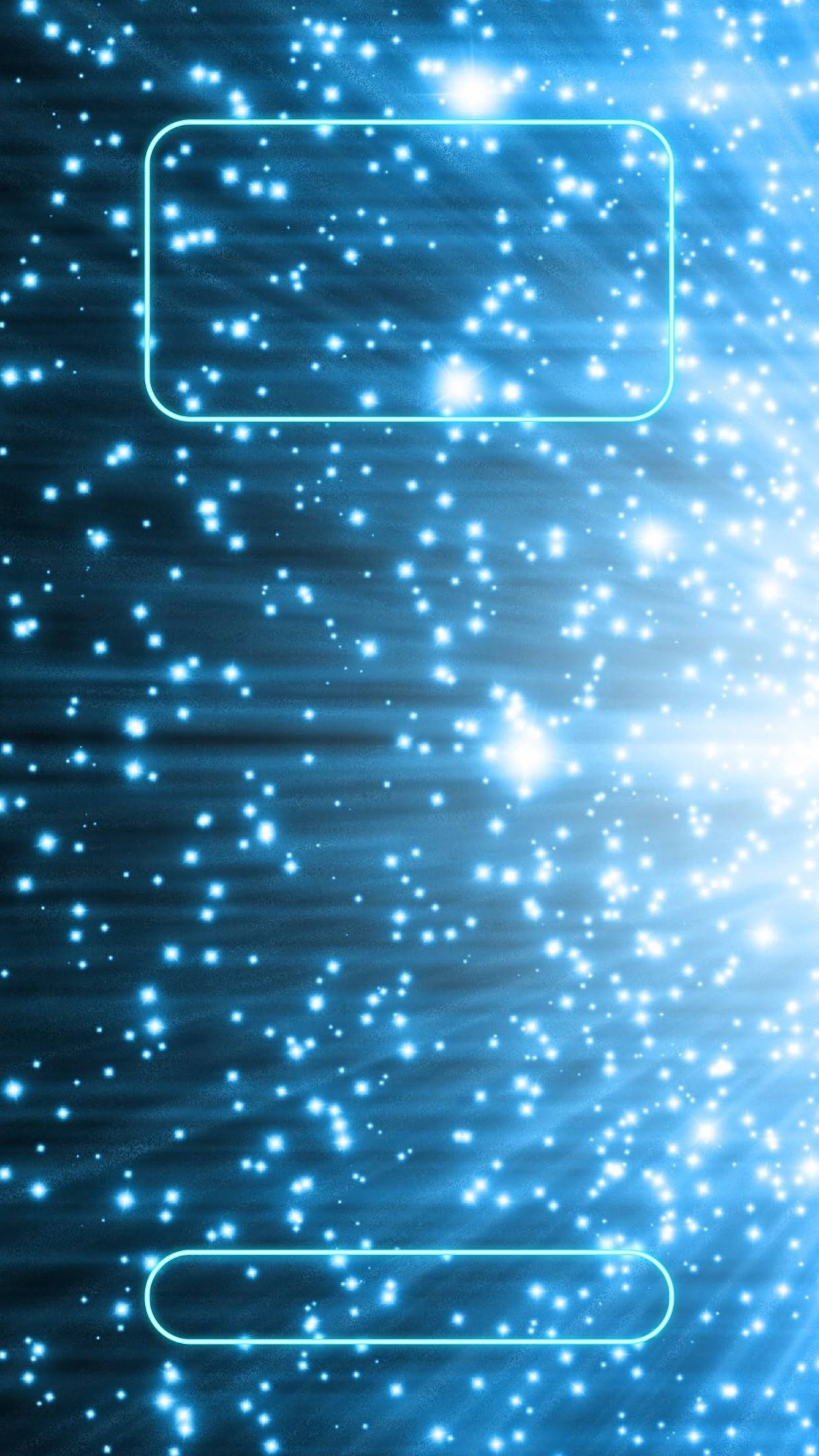 電光藍星鎖屏手機壁紙 壁紙 — 一個閃爍的藍色宇宙場景，帶有發光粒子和發光的矩形輪廓，暗示著未來主義的界面。