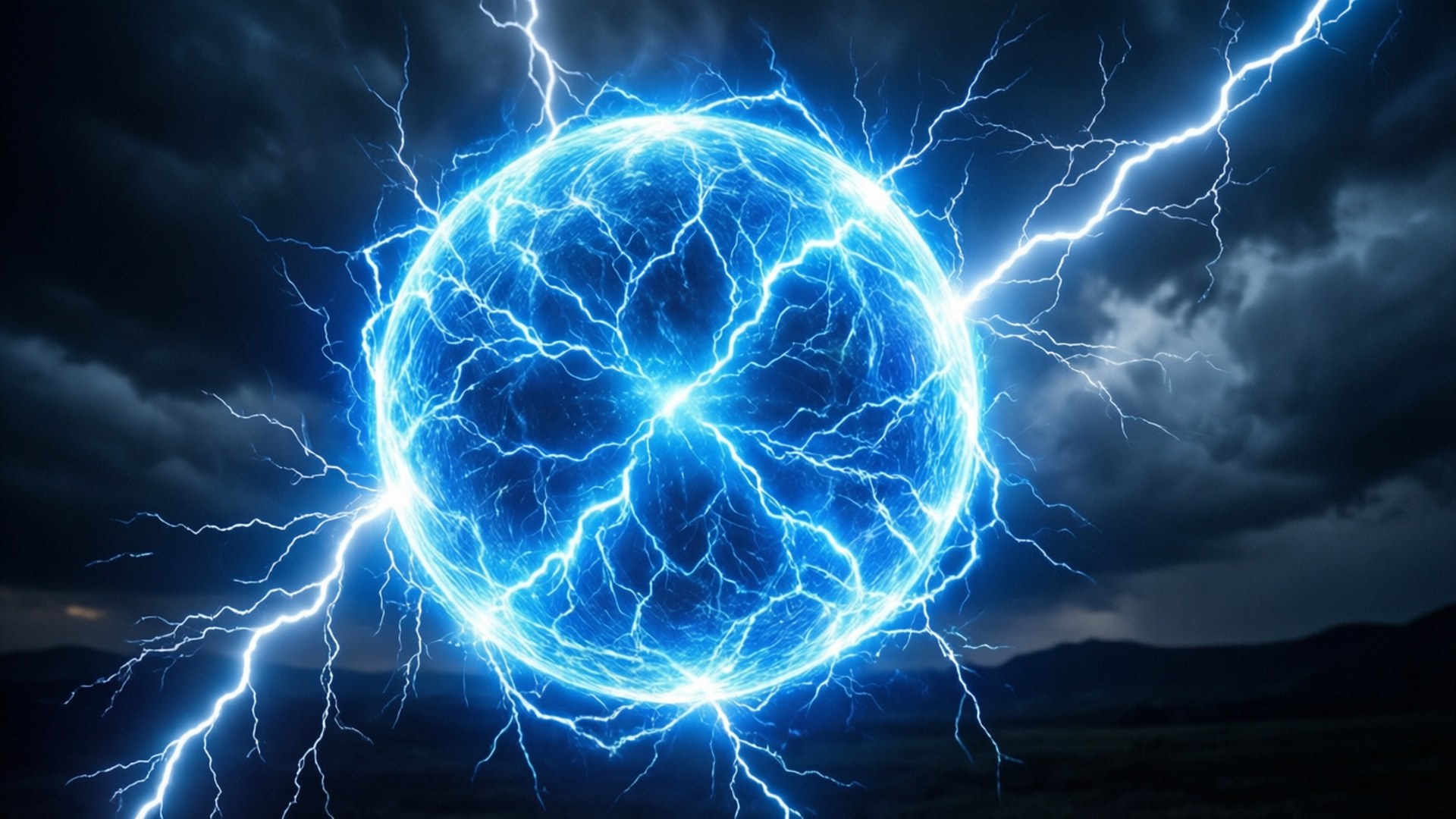一個發光嘅藍色能量球，喺暴風雨夜空中被閃電包圍。
