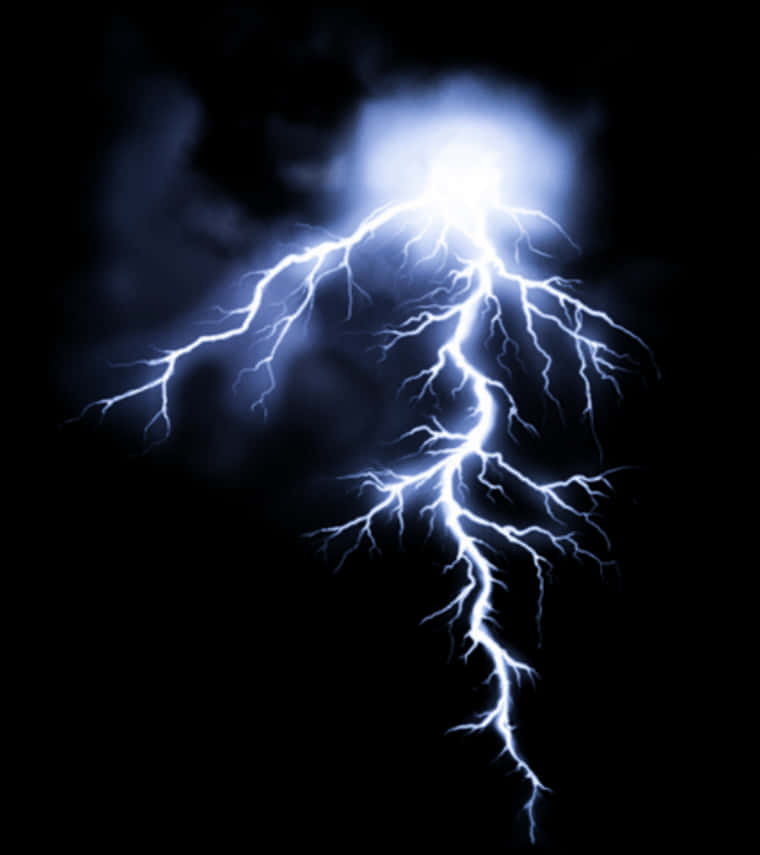 電光閃擊藍色背景 壁紙 — 一道明亮的白色閃電戲劇性地在漆黑的天空中叉開，伴隨著發光的霧狀雲層。
