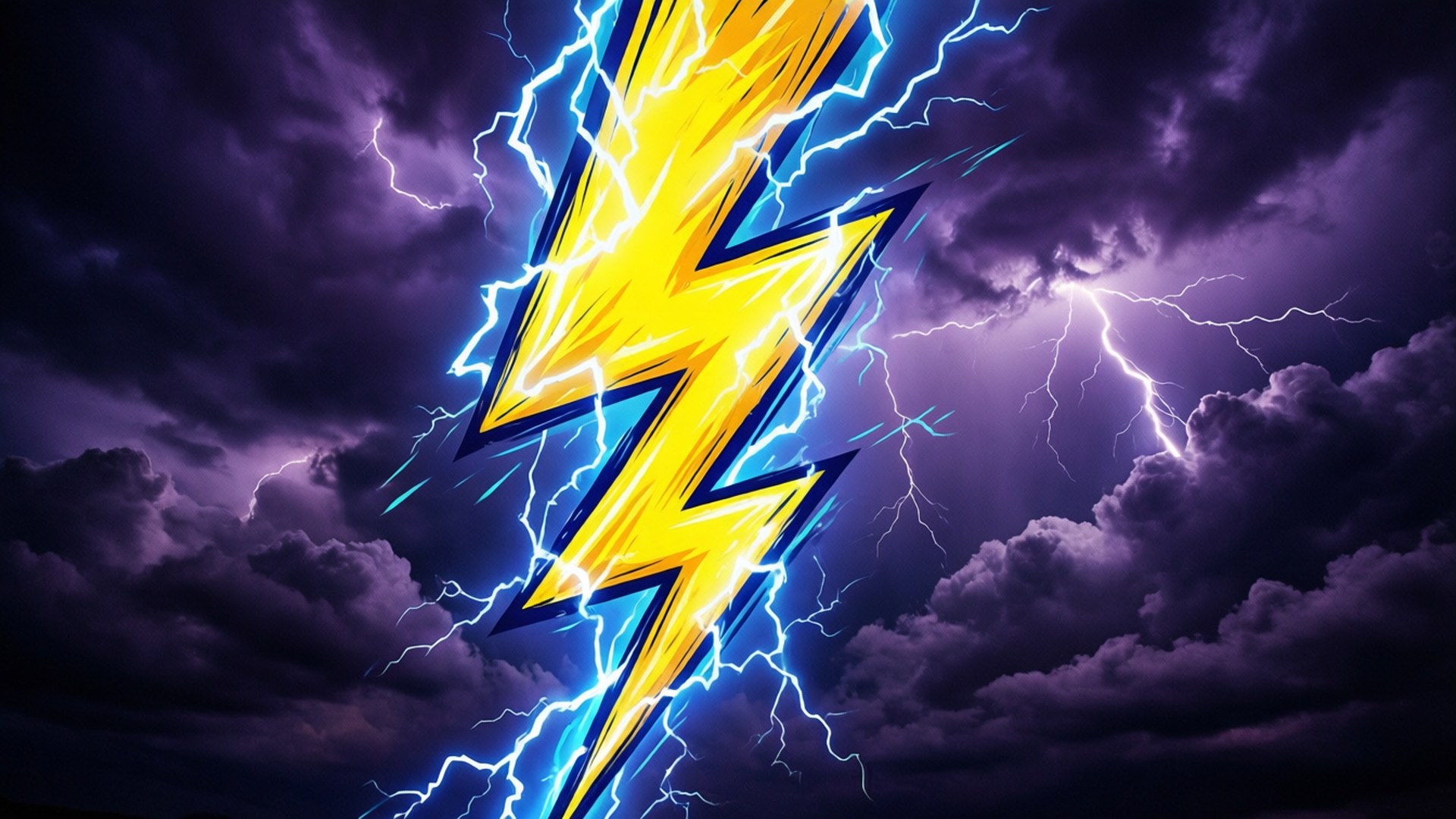 電光閃爍天空 壁紙 — 一道大膽的黃色閃電劃過暴風雨的紫色天空，鋸齒狀的藍色分支照亮了烏雲。