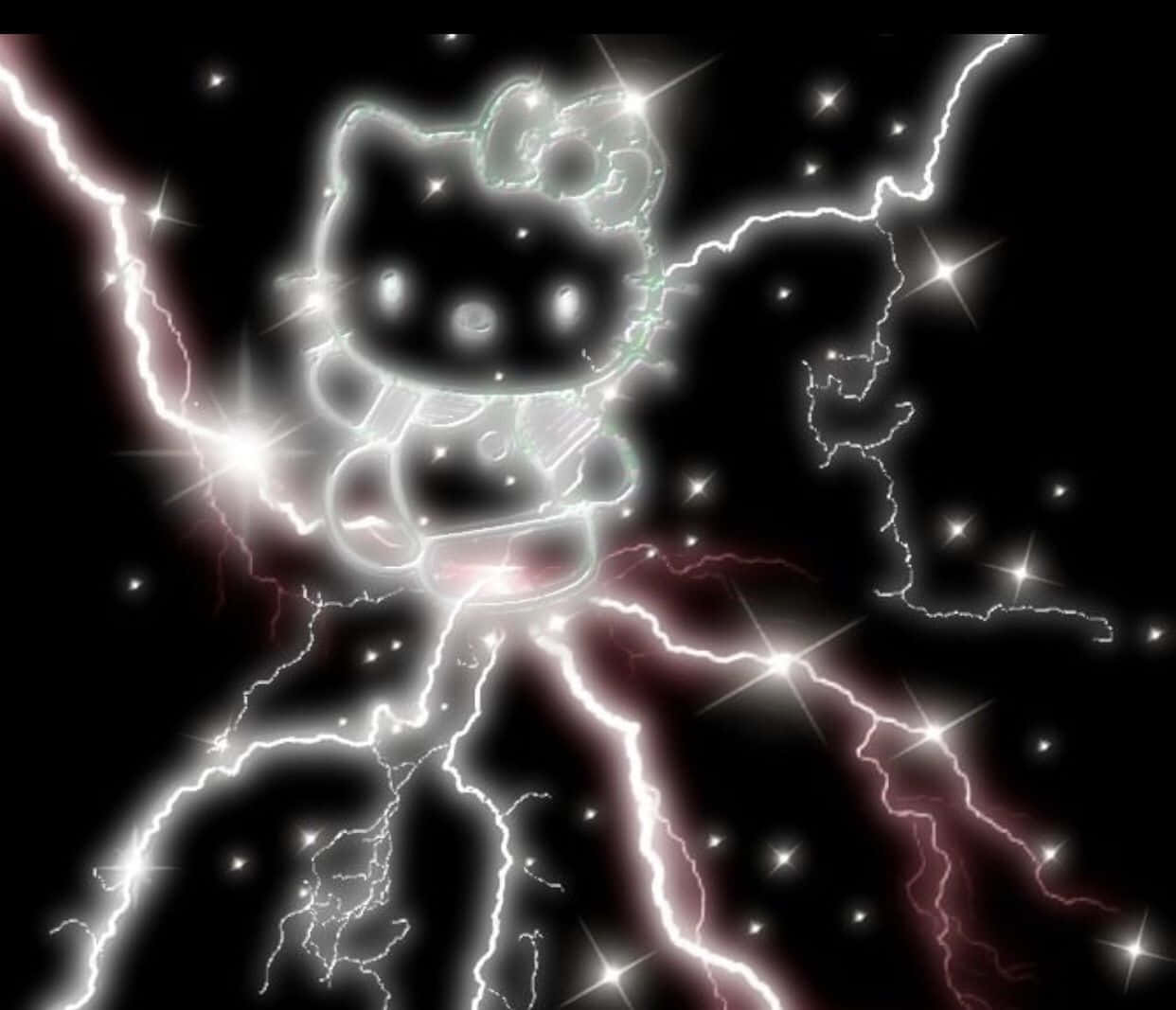 電光閃爍的Hello Kitty故障藝術 壁紙 — 發光的電氣Hello Kitty公仔在星空黑色背景上散發出白色和粉紅色的閃電。
