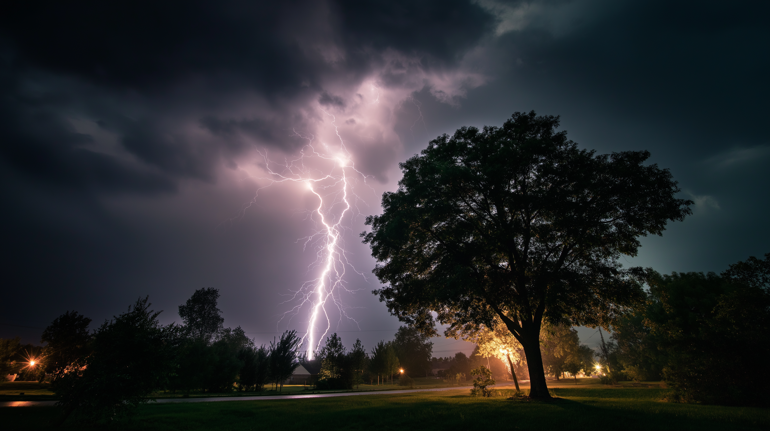 電光閃爍的樹木 壁紙 — 一道巨大的閃電劃破暴風雨的夜空，下方是剪影樹木和郊區景觀。