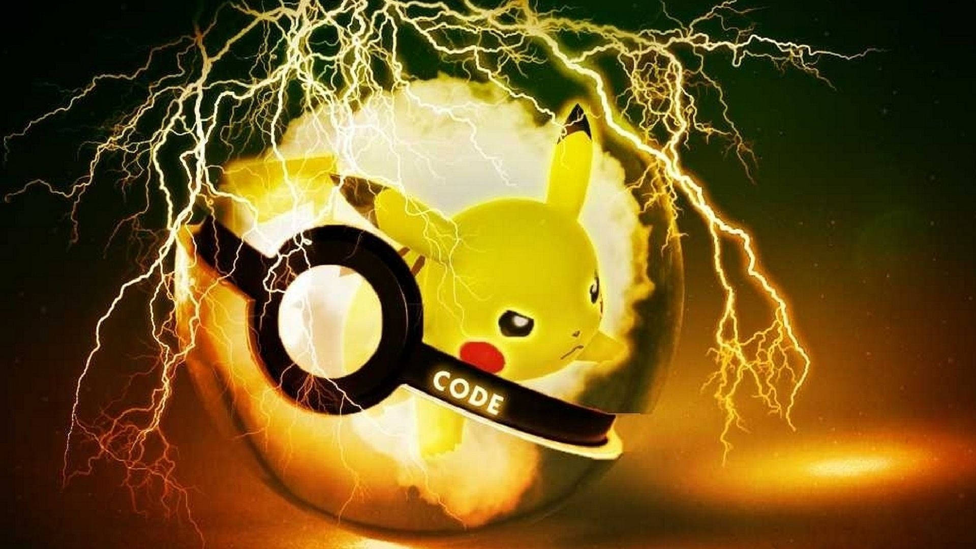 電力強大的酷炫寶可夢皮卡丘 壁紙 — 比卡超從發光的精靈球中爆出，被電擊包圍，背景是黑暗火熱的。