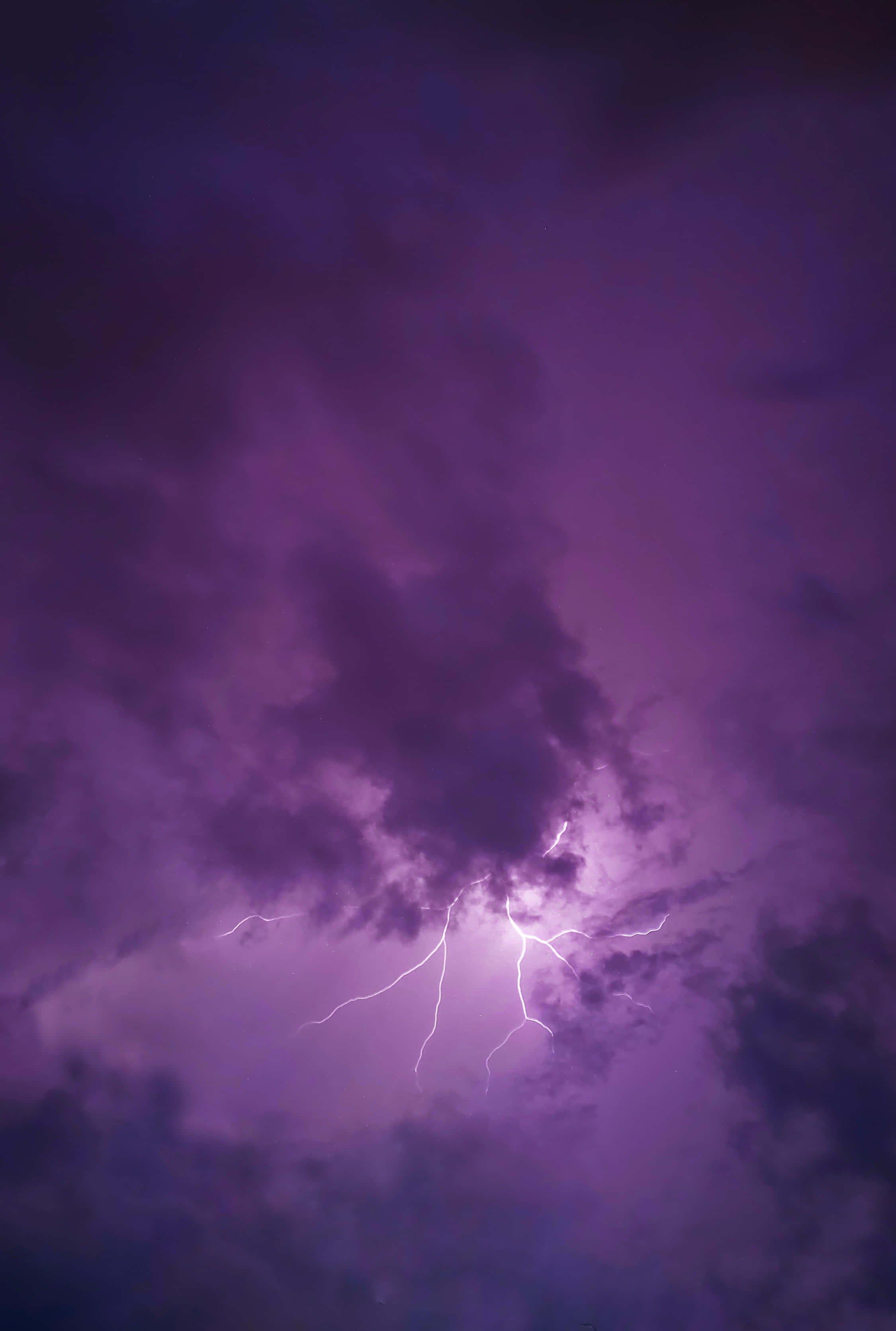 電力衝擊 壁紙 — 戲劇性的紫色暴風雨天空，被鋸齒狀的白色閃電劈開濃密雲層照亮。