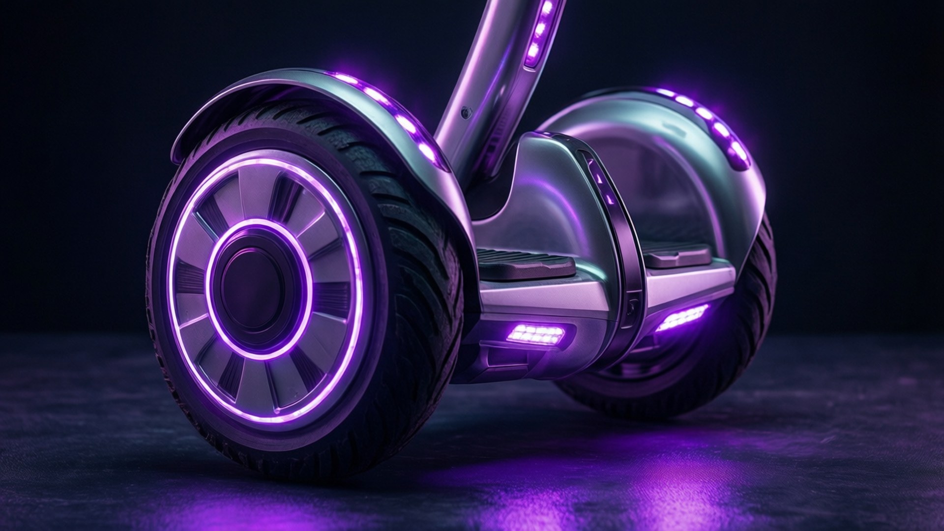 未來感電動滑板車，在深色地板上發出紫色光芒。