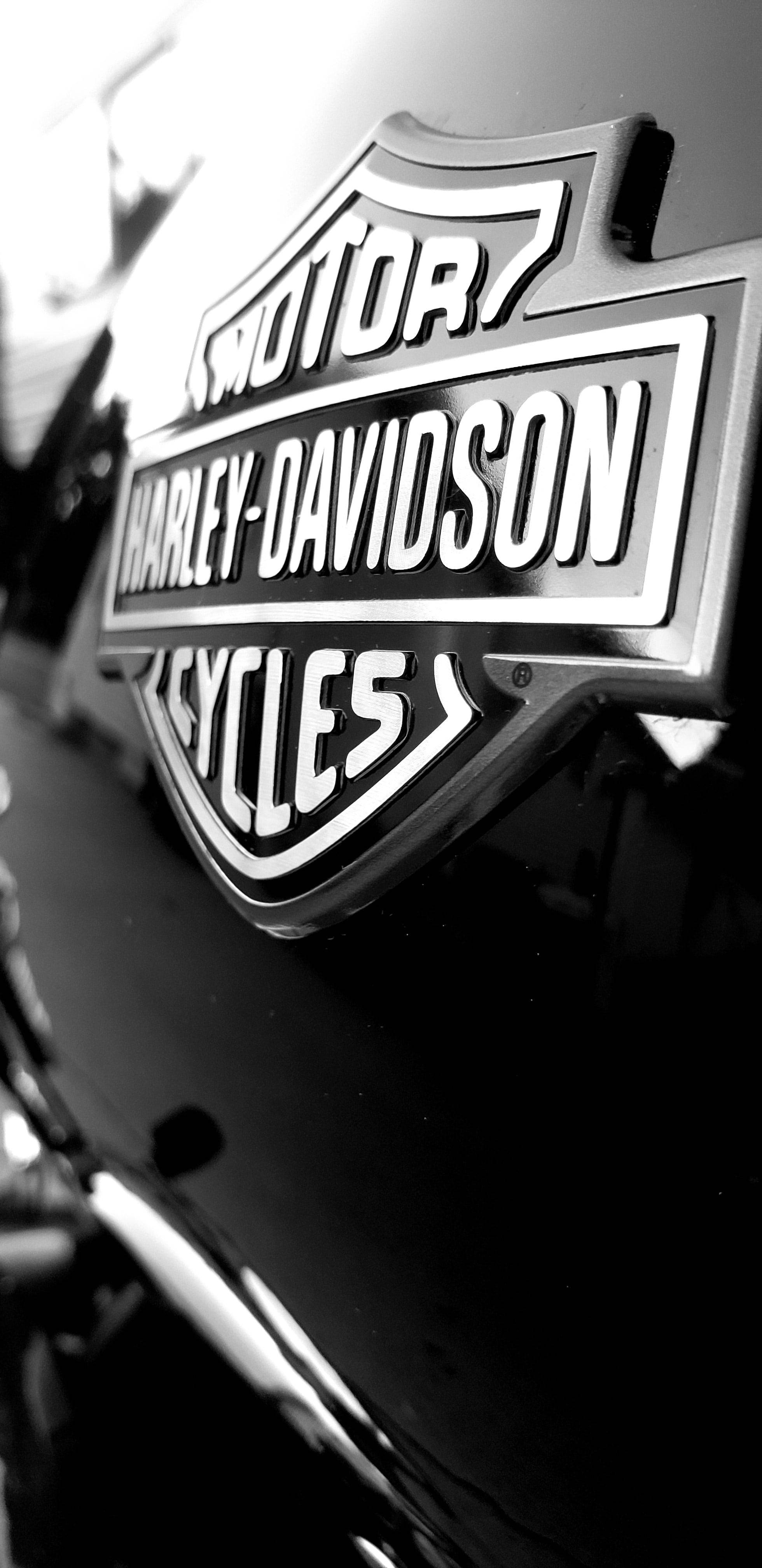 Harley Davidson 標誌 桌布 壁紙 — 電單車油缸上閃亮Harley-Davidson標誌的黑白特寫照片。
