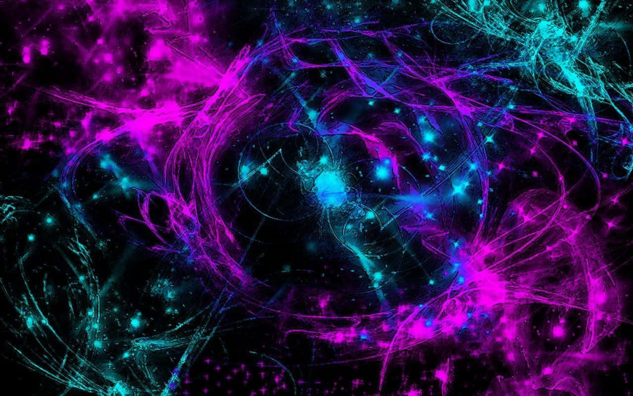 電子發光霓虹人形對比深色背景 壁紙 — 在黑色宇宙背景上，帶有發光粒子的鮮豔霓虹紫和青色分形能量漩渦。