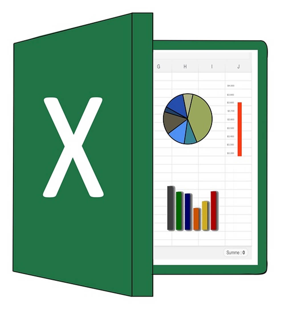 電子表格Excel X標誌 壁紙 — 綠色 Excel 軟件圖示打開，顯示色彩繽紛的圓形圖、條形圖和試算表數據。