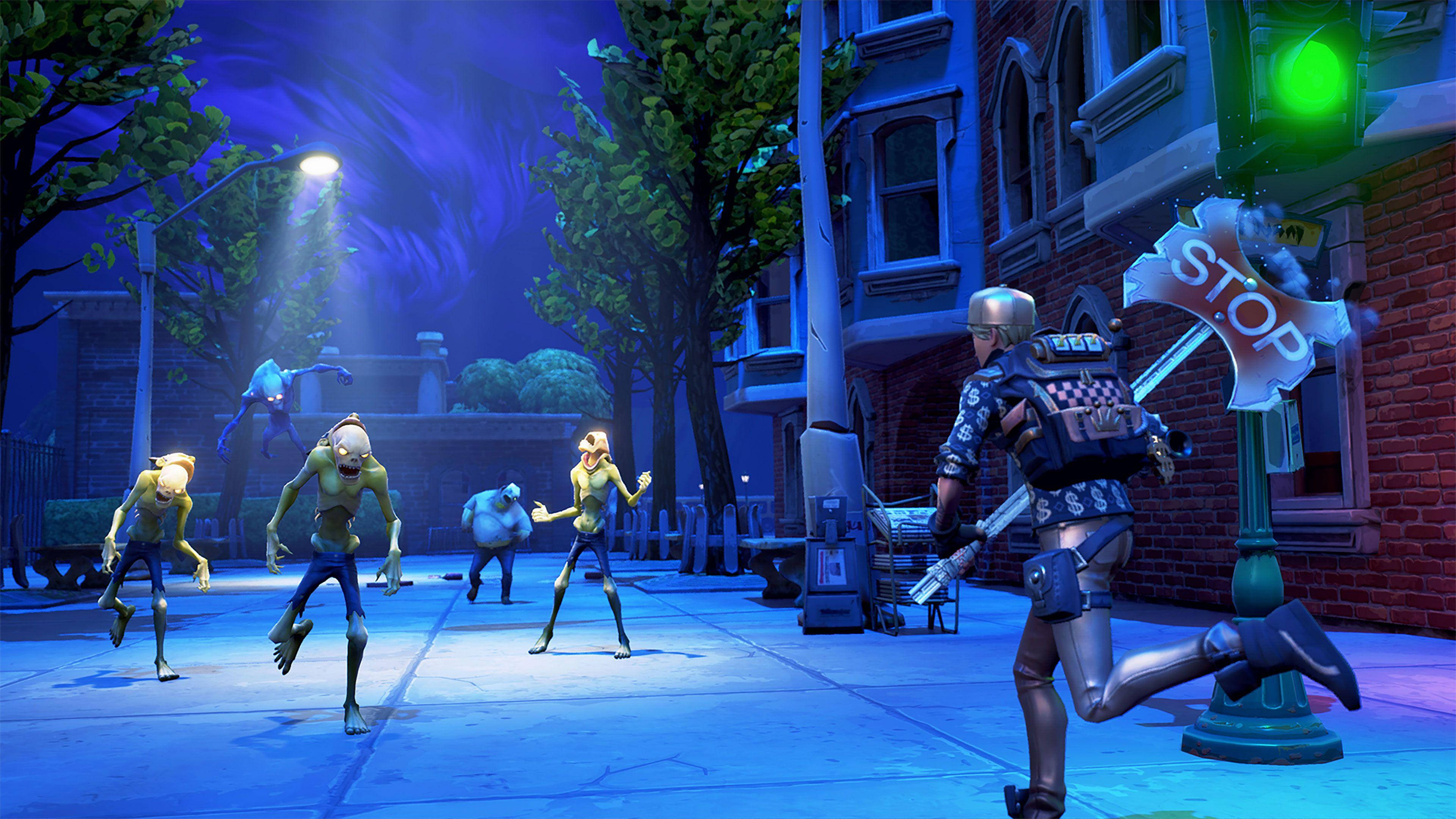 Fortnite 造型 桌布 壁紙 — 電子遊戲中一個發光的藍色夜晚場景，角色跑過殭屍，朝著綠色交通燈前進。