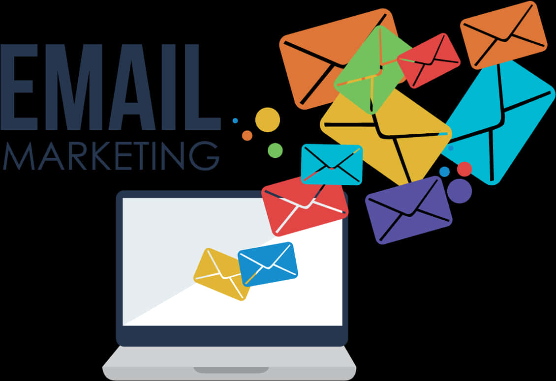 電子郵件行銷概念 壁紙 — 色彩繽紛的信封從顯示「EMAIL MARKETING」的筆記型電腦螢幕中迸出，背景為黑色。