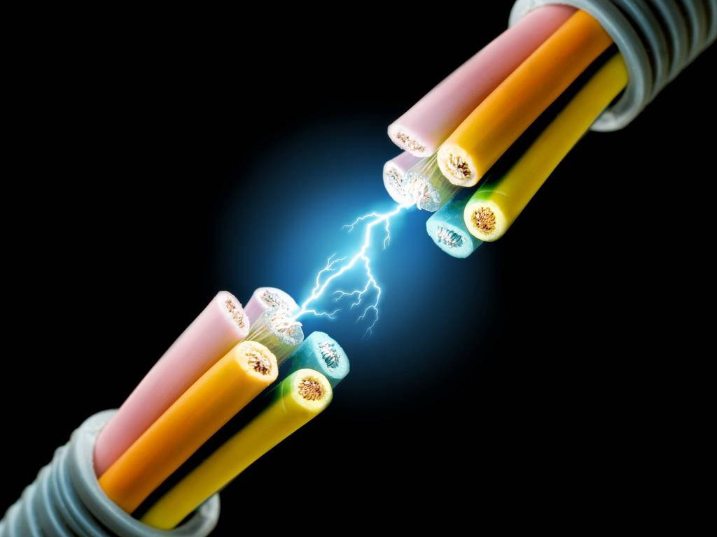 電子銅線 壁紙 — 鮮豔的藍色閃電在黑色背景上，於色彩繽紛的電線裸露端之間形成弧線。