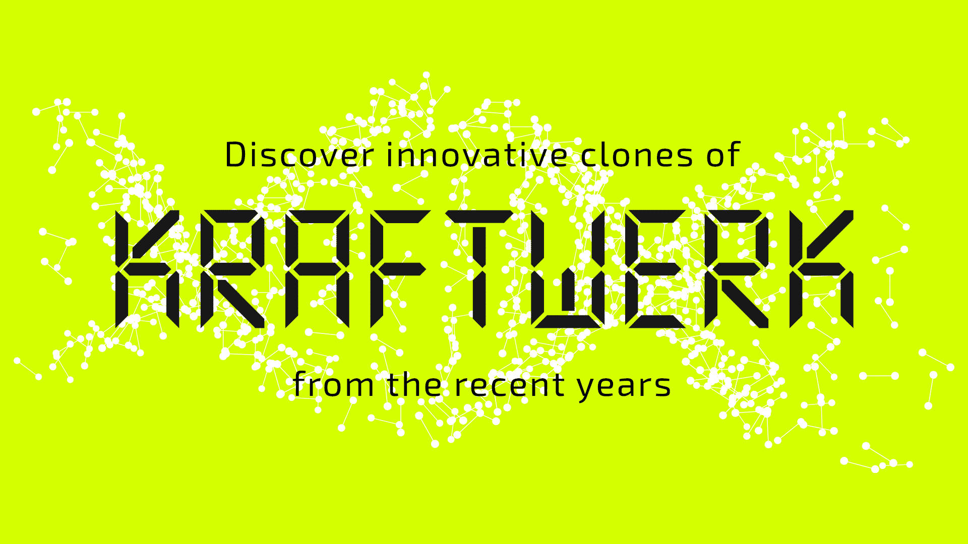 電子音樂先驅Kraftwerk 壁紙 — 大膽黑色Kraftwerk文字，襯托鮮豔青檸綠色背景，白色分子圖案在背後旋轉。