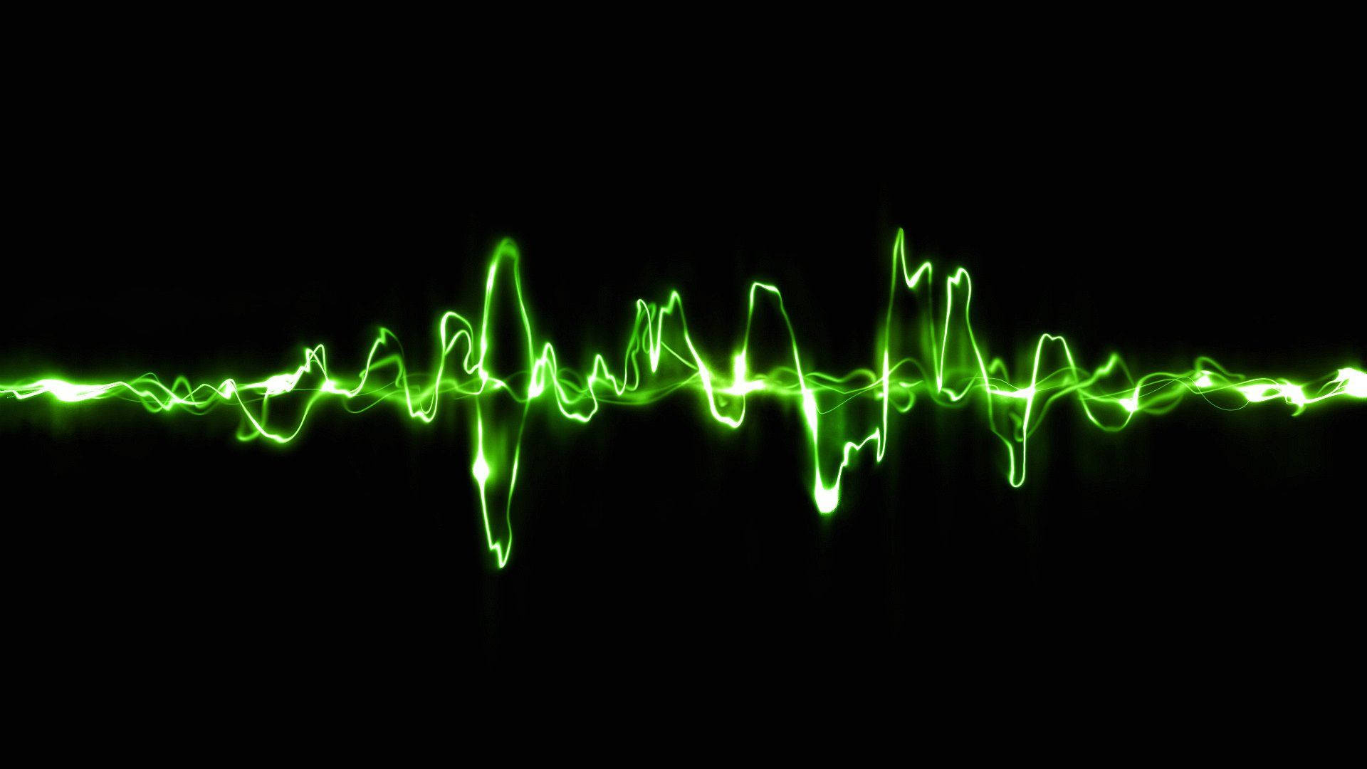 電子音波符號 壁紙 — 充滿活力的綠色霓虹波形在純黑色背景上動態脈動。