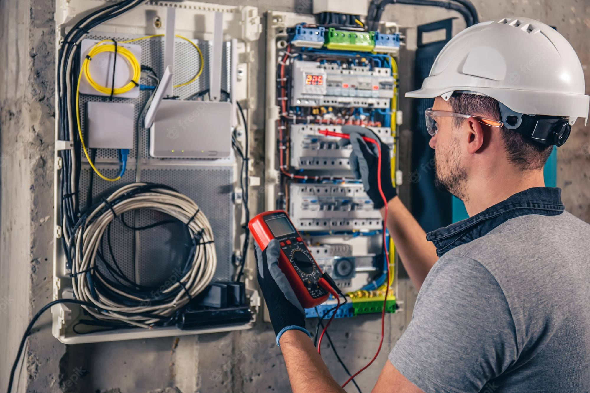 電工使用電壓表測量電路 壁紙 — 戴著安全帽和手套的電工用萬用表測試打開的電箱中的接線。