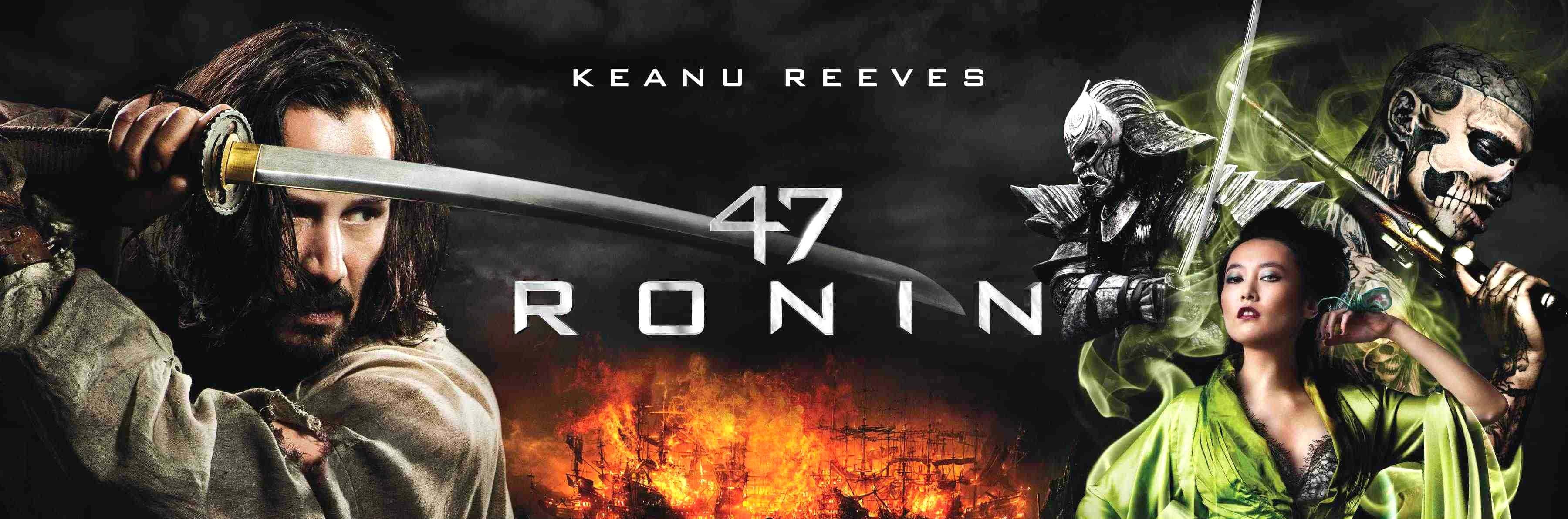 47 Ronin 桌布 壁紙 — 電影《47 Ronin》的戲劇性海報，奇洛·李維斯手持劍，被武士包圍，背景是火焰。
