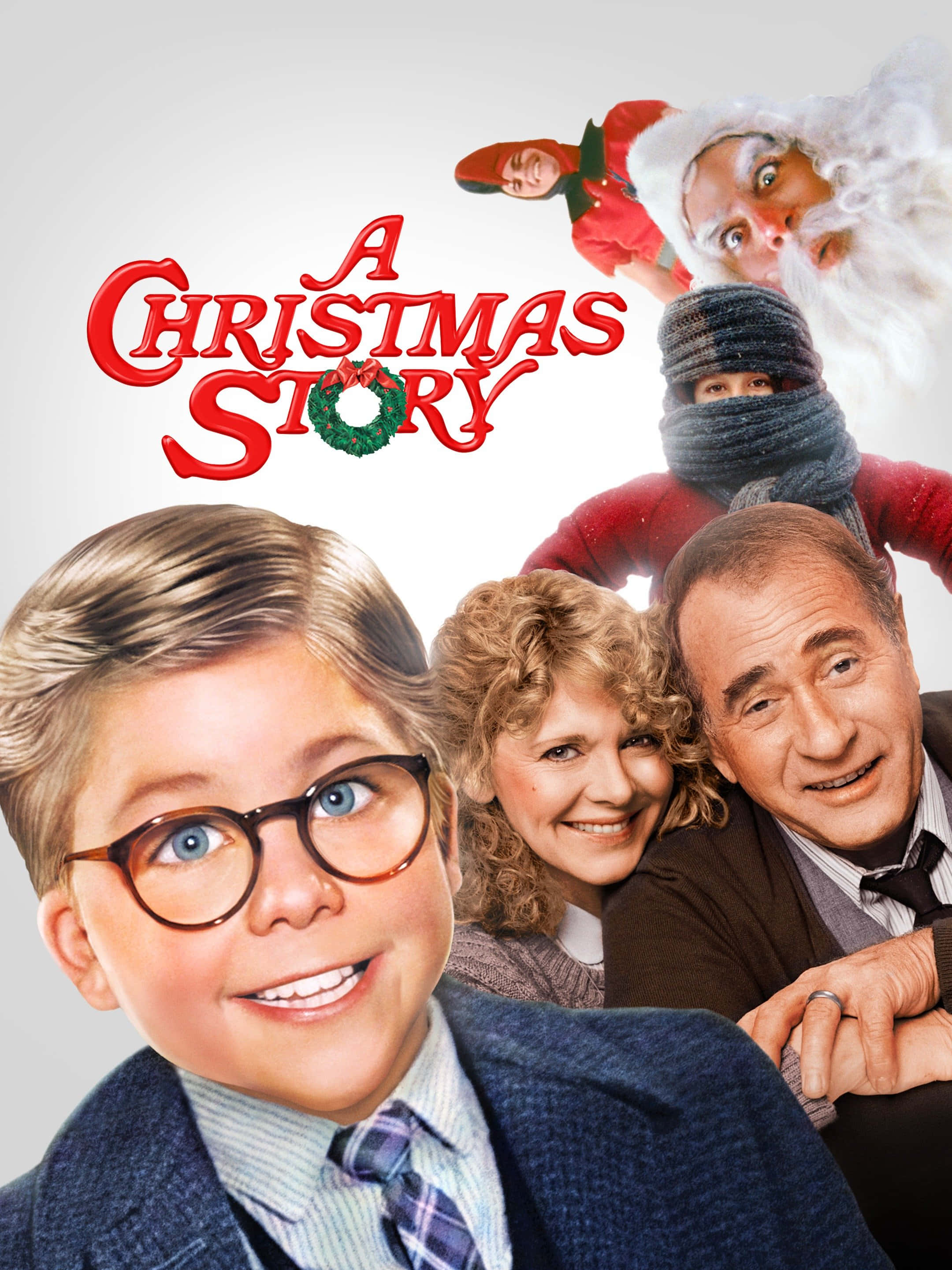 電影《A Christmas Story》角色海報 壁紙 — 《聖誕故事》的節日電影海報，展示一個戴眼鏡的小男孩微笑，被家人和聖誕老人、精靈等節日角色包圍。