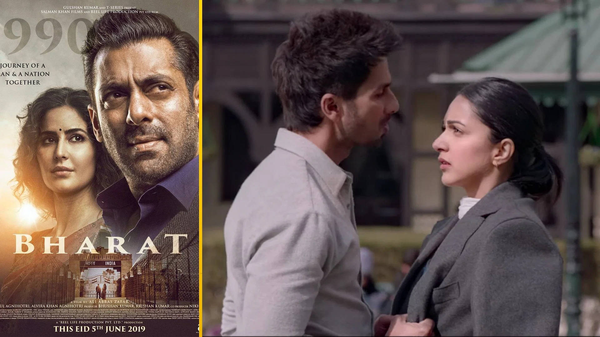 電影 桌布 壁紙 — 電影《Bharat》的海報， featuring 演員 Salman Khan 和 Katrina Kaif，帶有金色陽光和歷史建築，旁邊是 Shahid Kapoor 和 Anushka Sharma 在緊張的戶外對峙場景。