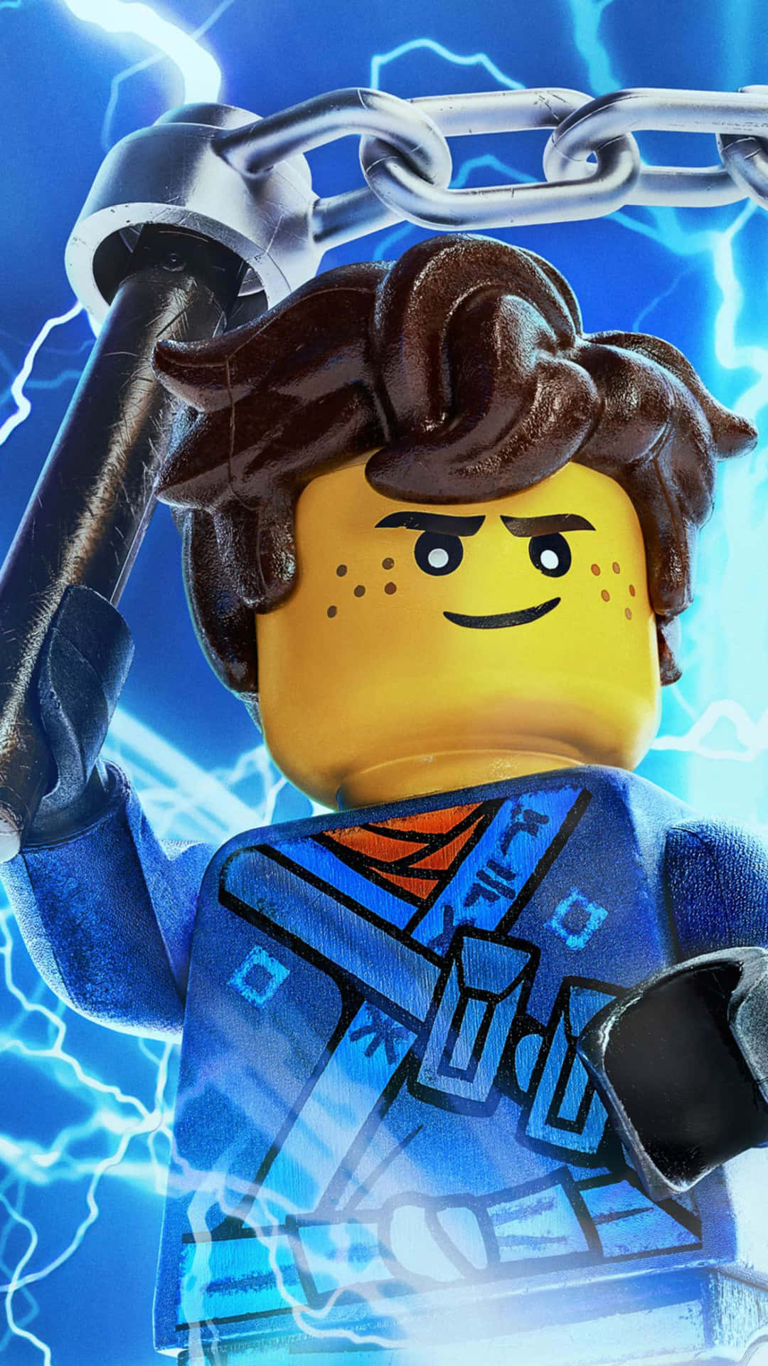 LEGO角色在電光藍色閃電中手持鎖鏈錘。