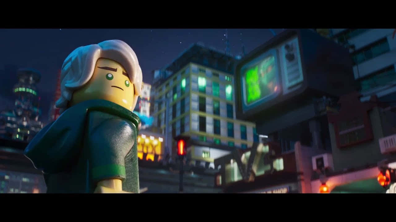 夜晚發光城市中的LEGO角色，帶有霓虹燈招牌和漂浮電視。