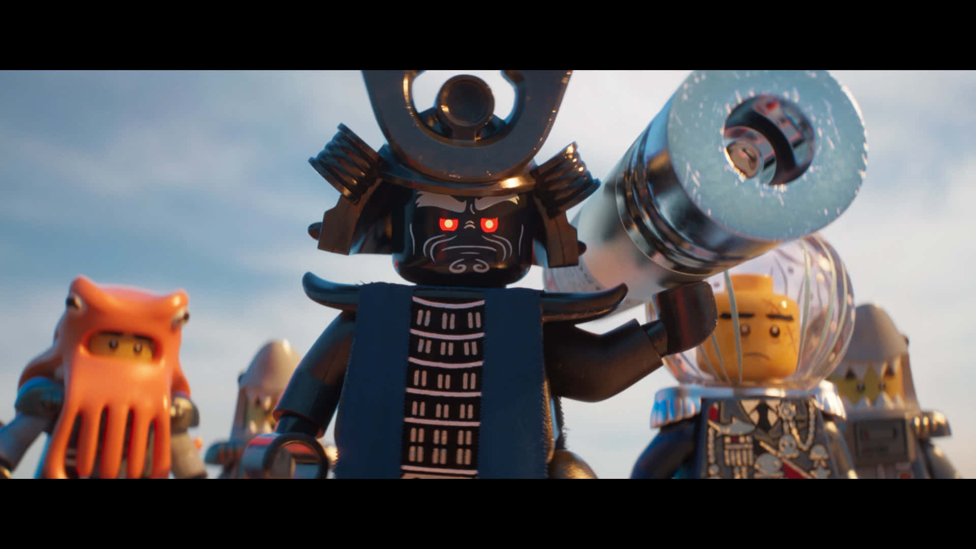 LEGO武士戰士，發光紅眼，手持大型大炮，被其他LEGO角色包圍。
