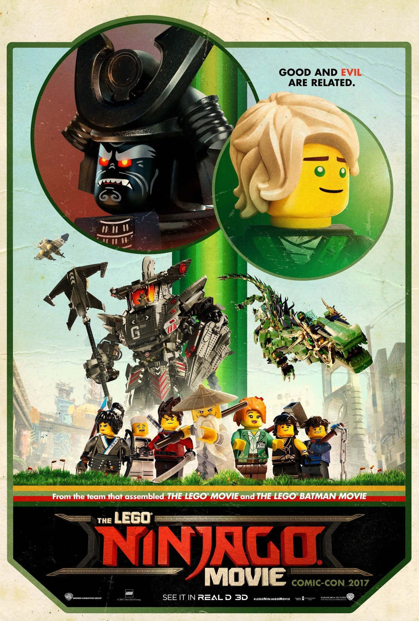 電影《樂高忍者》海報 壁紙 — 一張充滿活力的LEGO Ninjago電影海報，以城市為背景，展示忍者角色和一個兇惡的反派。