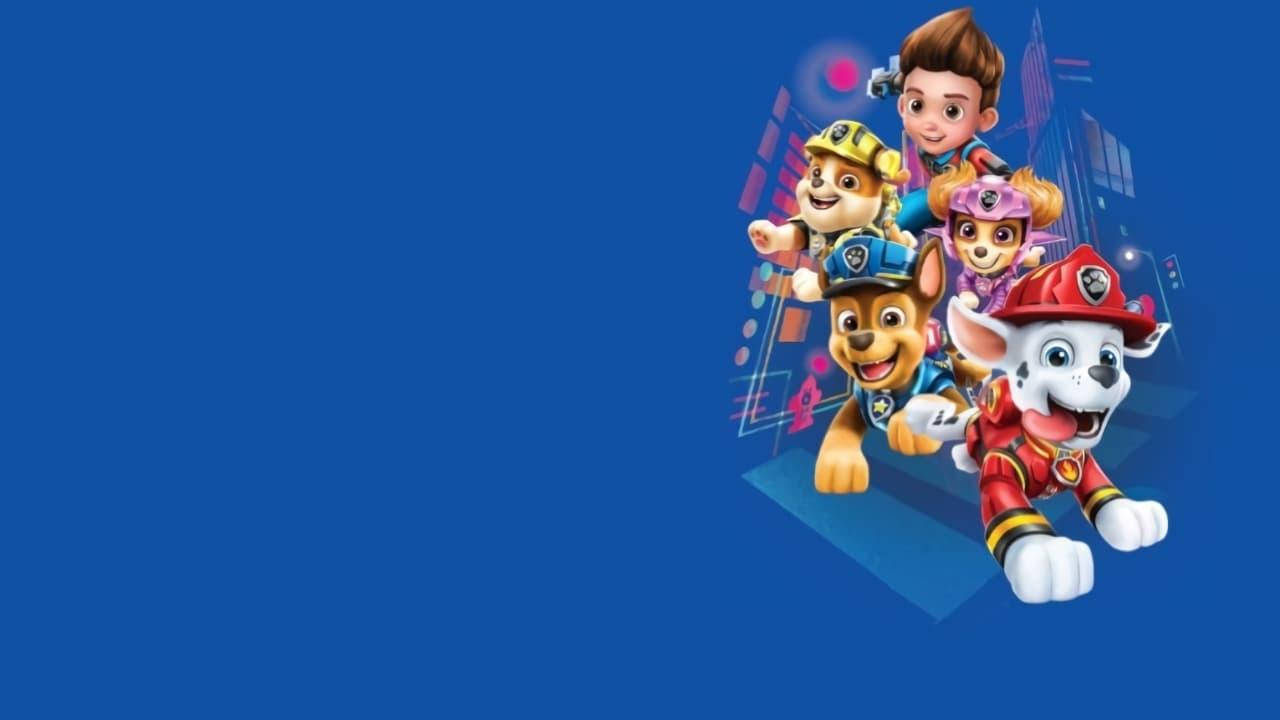 Paw Patrol 團隊在藍色數位城市背景下擺出動作姿勢。