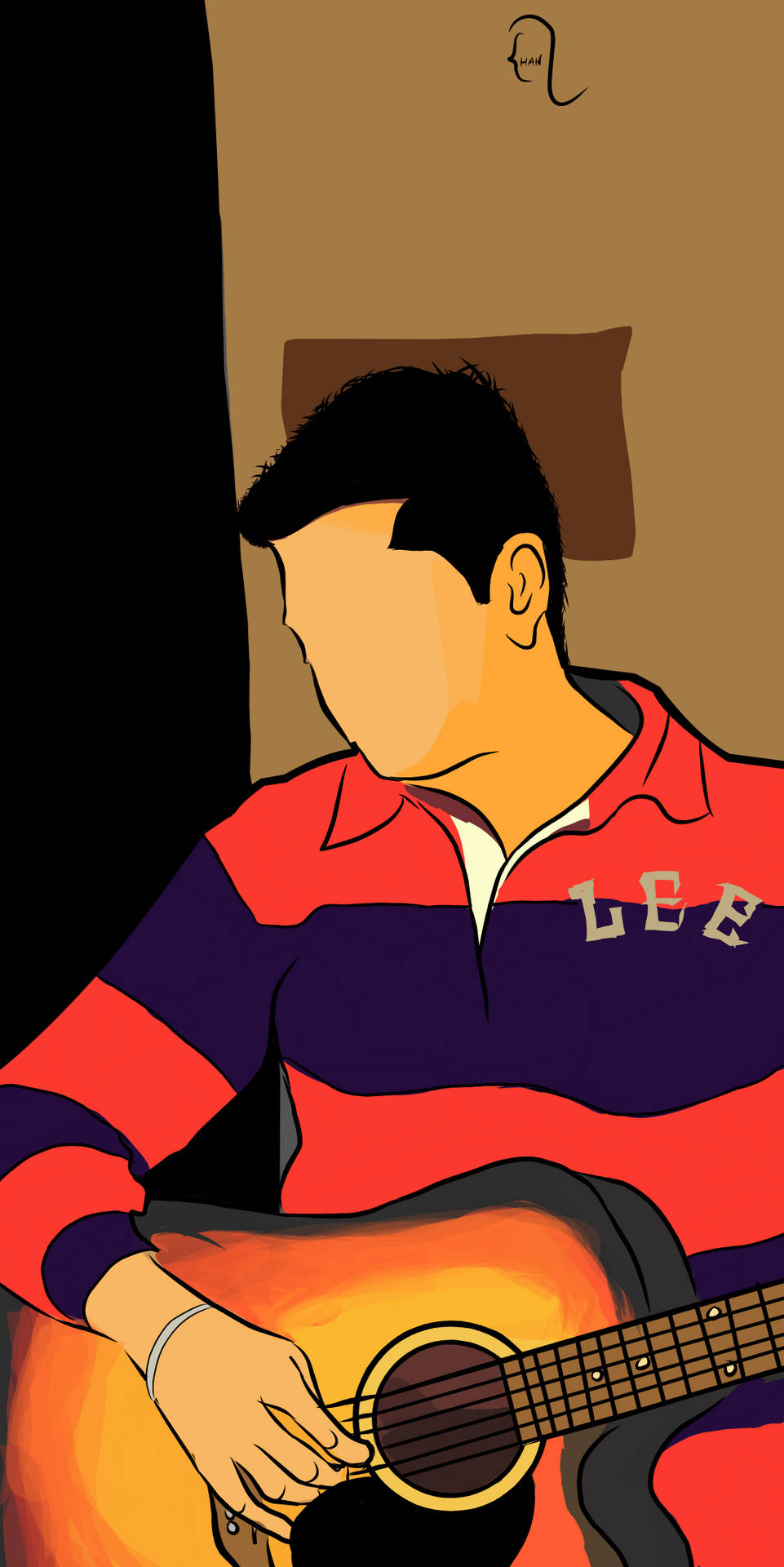 男子穿著條紋襯衫在室內彈奏木結他