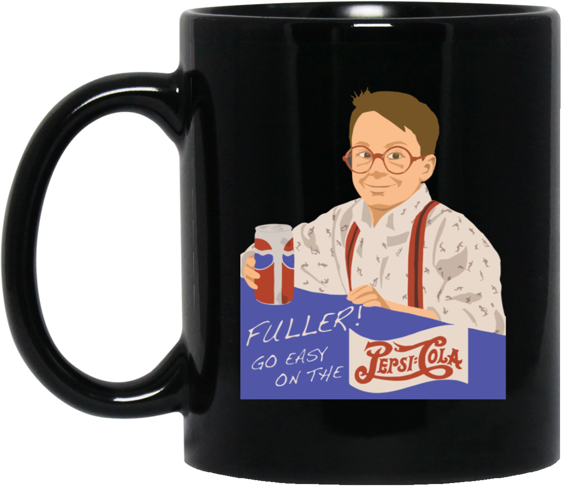 電影對白馬克杯：Fuller Pepsi 壁紙 — 一個黑色馬克杯上有一個復古插圖，描繪一個穿著吊帶褲微笑的男人拿著一個百事可樂罐和一個促銷橫幅。