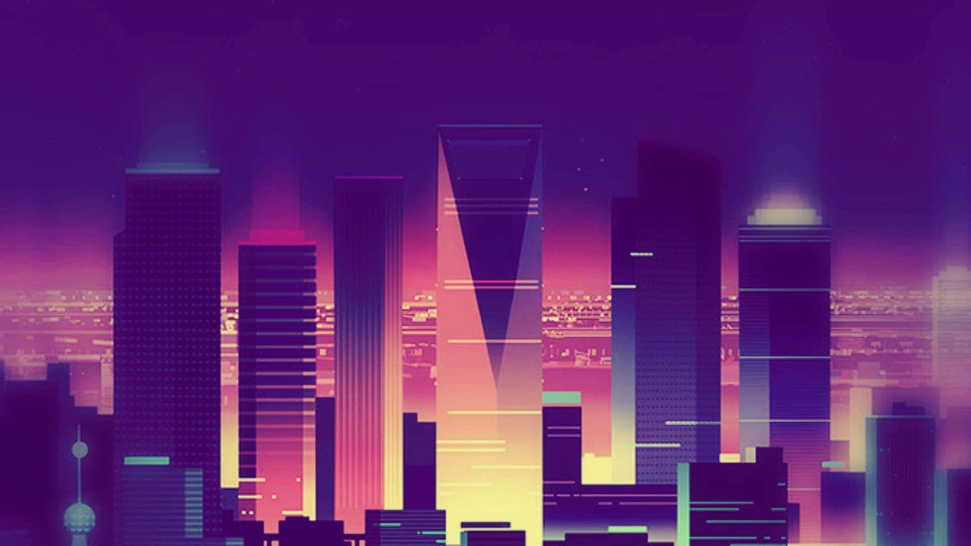 未來城市天際線，在星空紫色天空下，黃昏時分閃耀的摩天大樓。