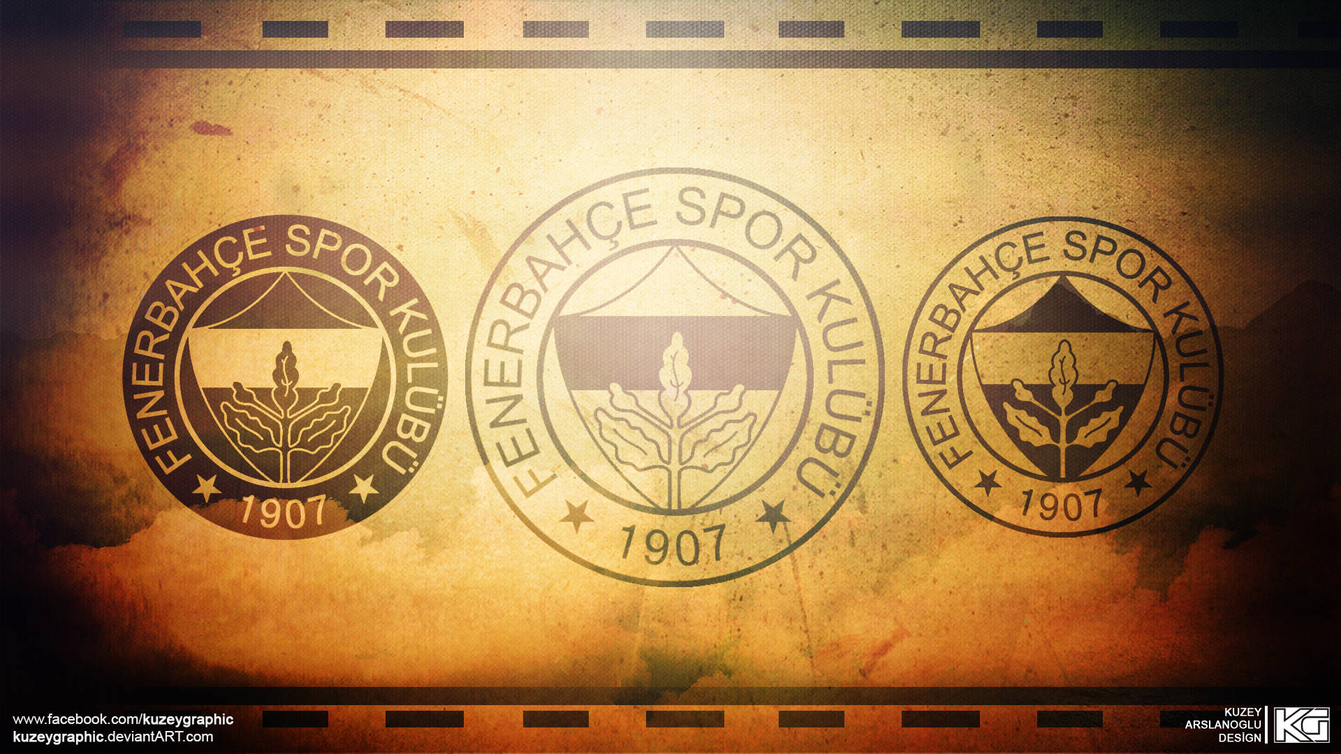 三個Fenerbahçe Spor Kulübü徽章在復古菲林條上，帶有懷舊色調和頹廢質感。