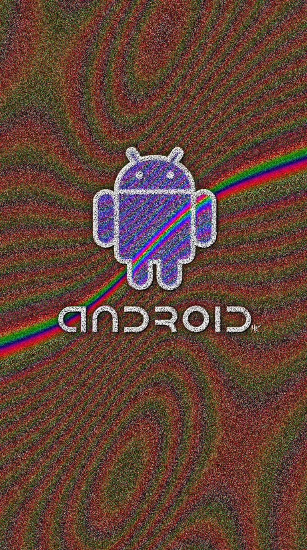 Android機械人標誌在旋轉背景上帶有彩虹光效。
