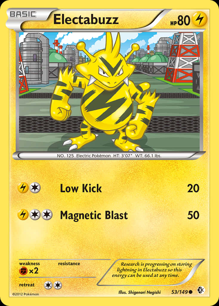 電擊獸 trading card 壁紙 — 一隻黃色電系寶可夢帶有黑色鋸齒花紋，自信地站在工業城市背景中。