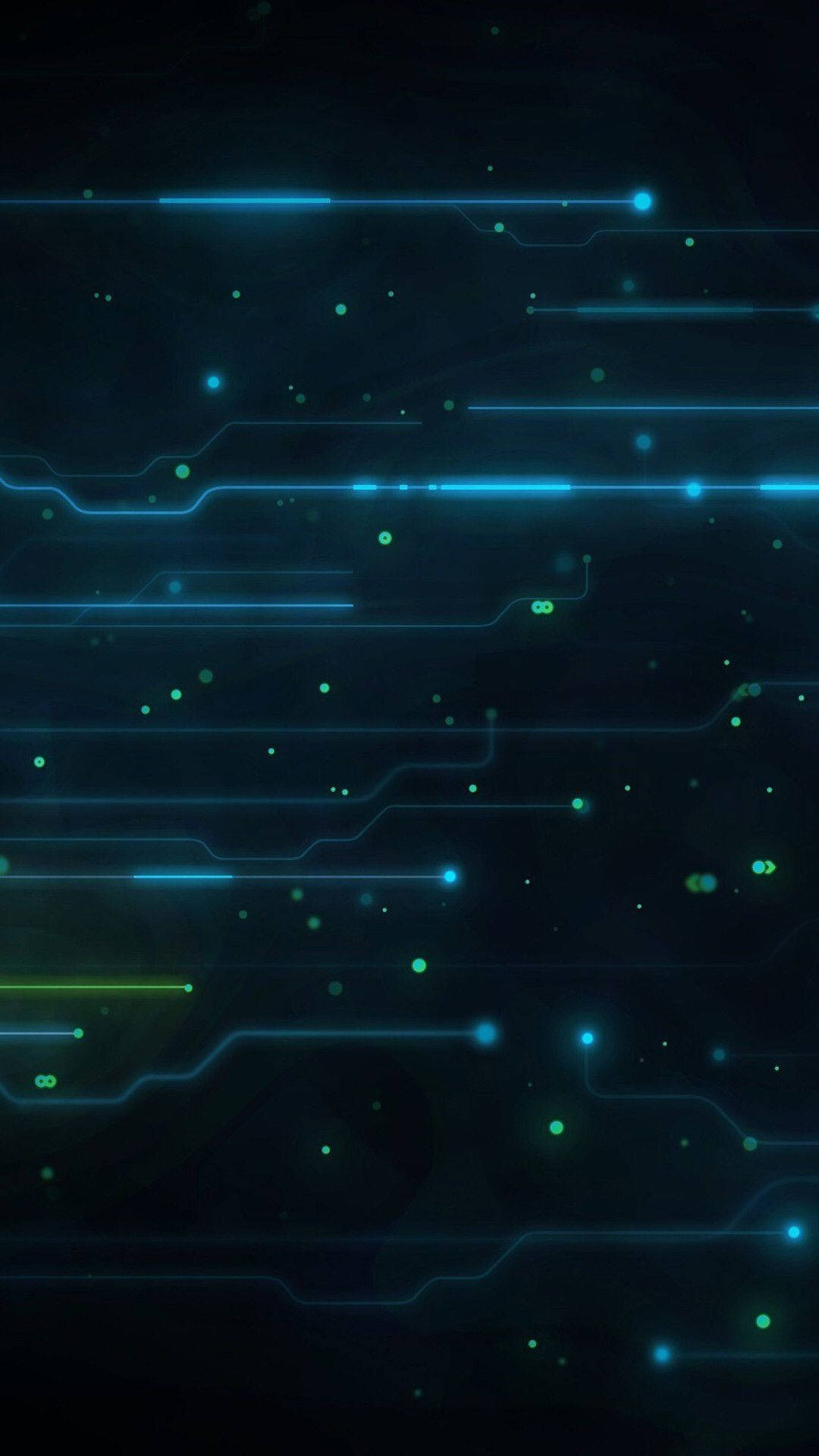 在深色背景上，抽象發光的藍色和綠色電路線條。