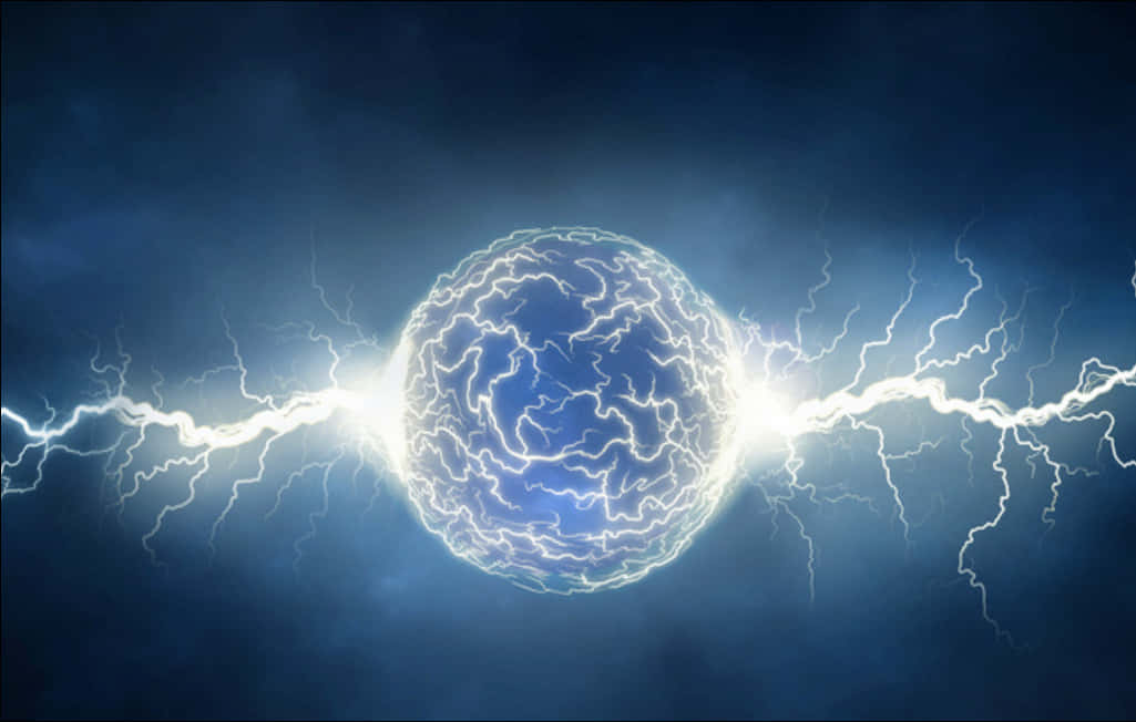 電漿球與電弧 壁紙 — 一個發光的藍色球體在黑暗的暴風雨天空中劈啪作響，帶有白色閃電。