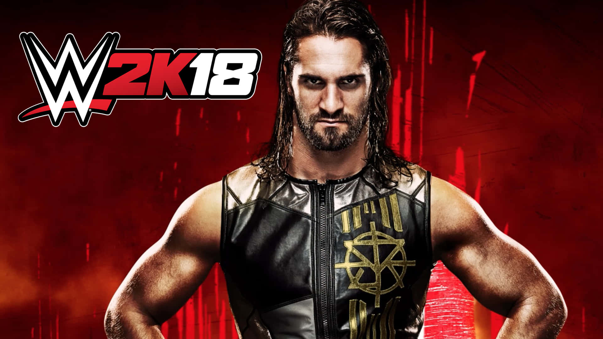 WWE摔角手 Seth Rollins 穿著黑色和金色皮背心，在紅色背景上。