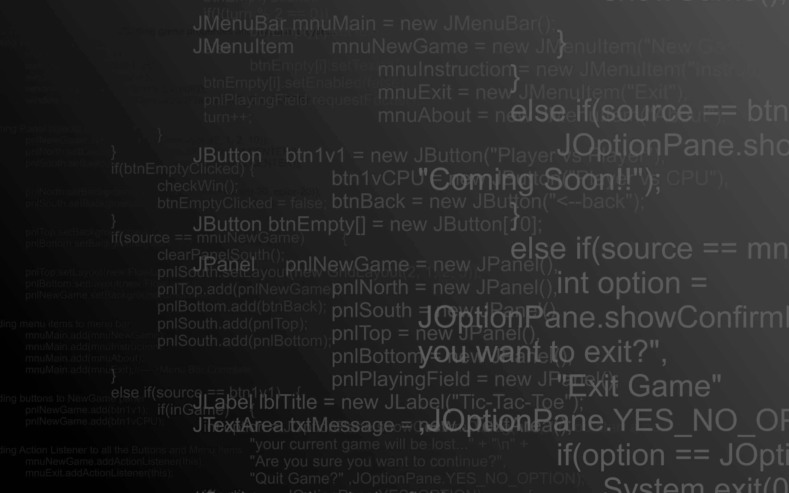 電腦 PHP 代碼 壁紙 — 深灰色背景，充滿浮動的 Java 程式碼片段和遊戲 UI 文字，例如「Coming Soon」和「Exit Game」。