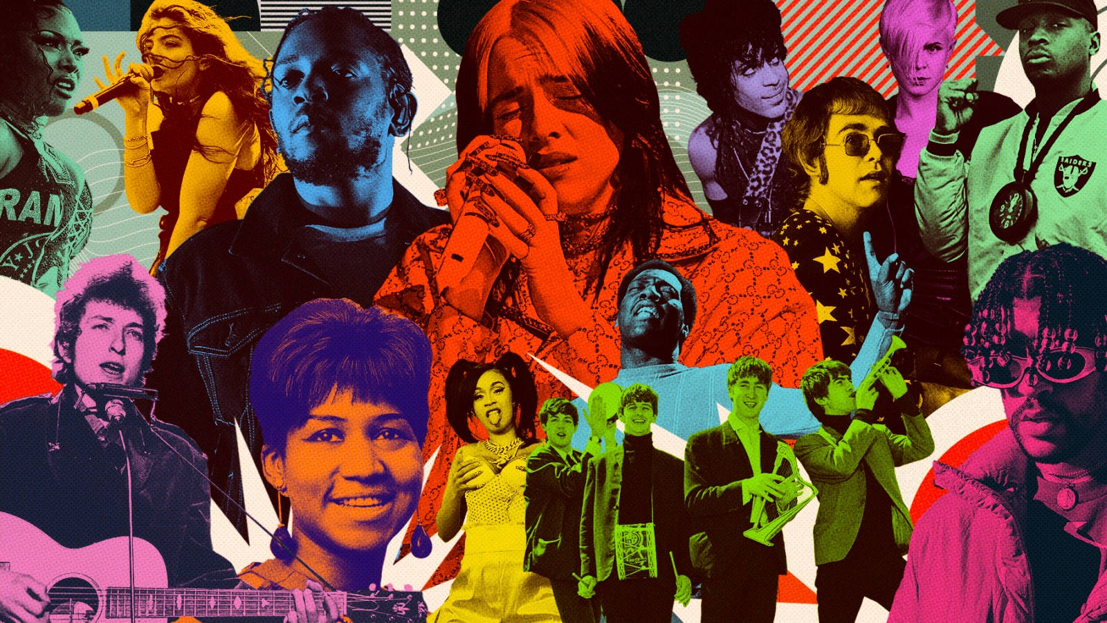 以大膽色彩和圖形風格呈現嘅著名音樂家拼貼。