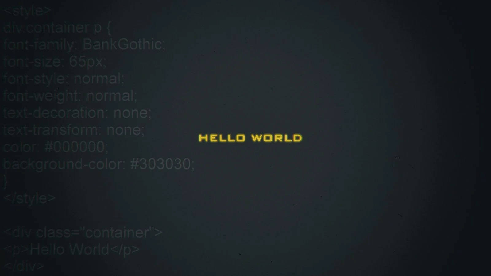 電腦命令列「Hello World」黑底黃字壁紙 壁紙 — 一個黑暗的螢幕顯示發光黃色 'hello world' 文字，居中於微弱的 CSS 程式碼之上，呈現復古數位介面風格。