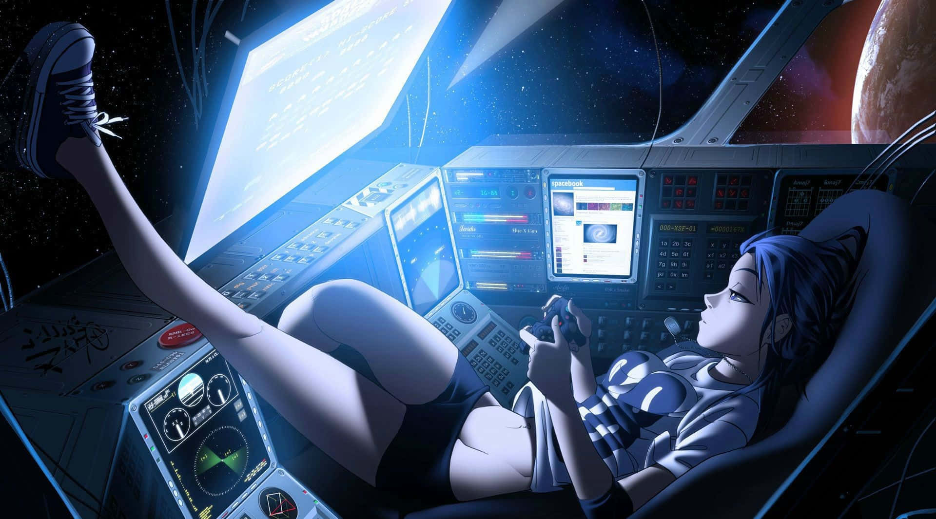 電腦女孩玩家圖片 壁紙 — 一個藍髮動漫女孩在太空船駕駛艙內放鬆，雙腳翹起，在發光的藍色屏幕下玩遊戲，外面可見一顆行星。