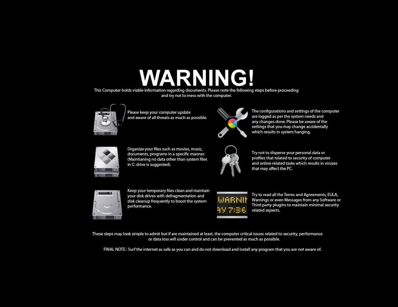 帶有維護提示和圖標的電腦安全警告畫面。