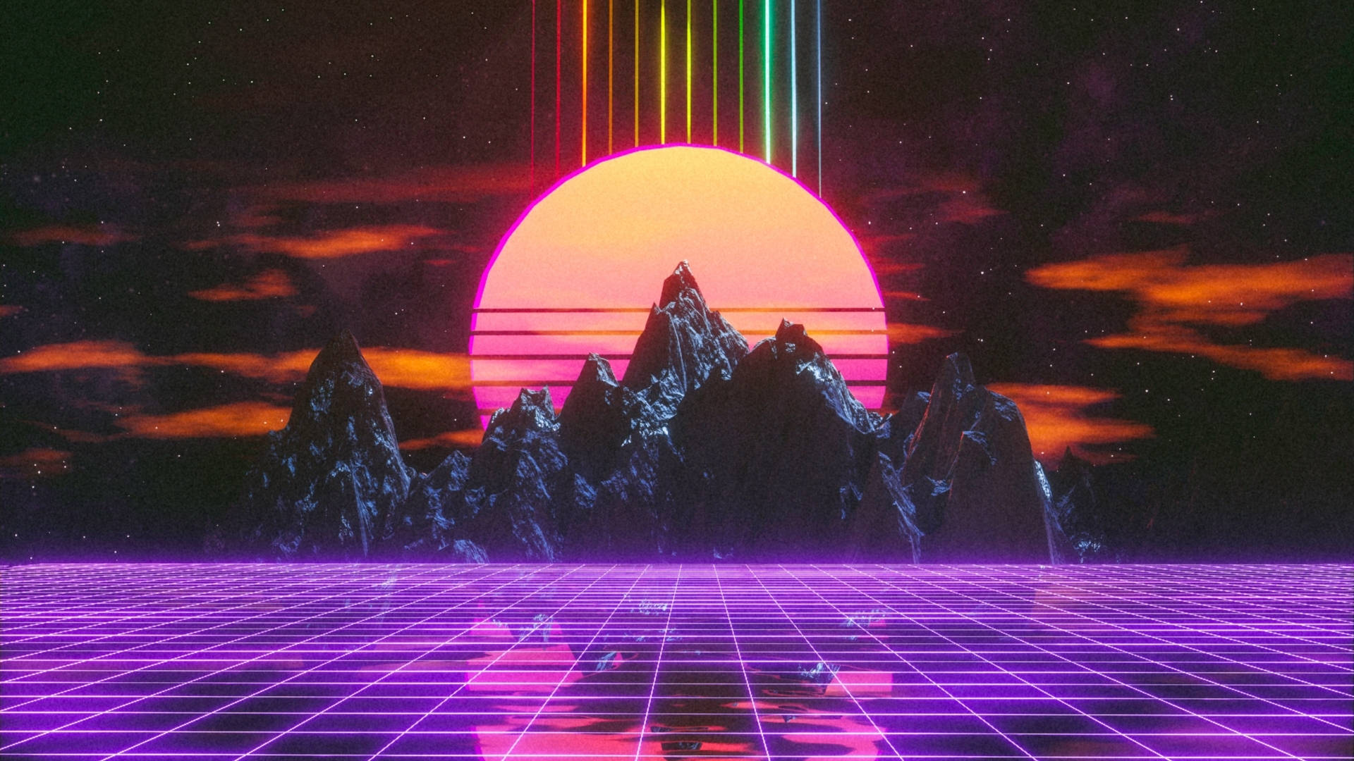 復古未來主義景觀，帶有霓虹網格、山脈和星空下發光的太陽。