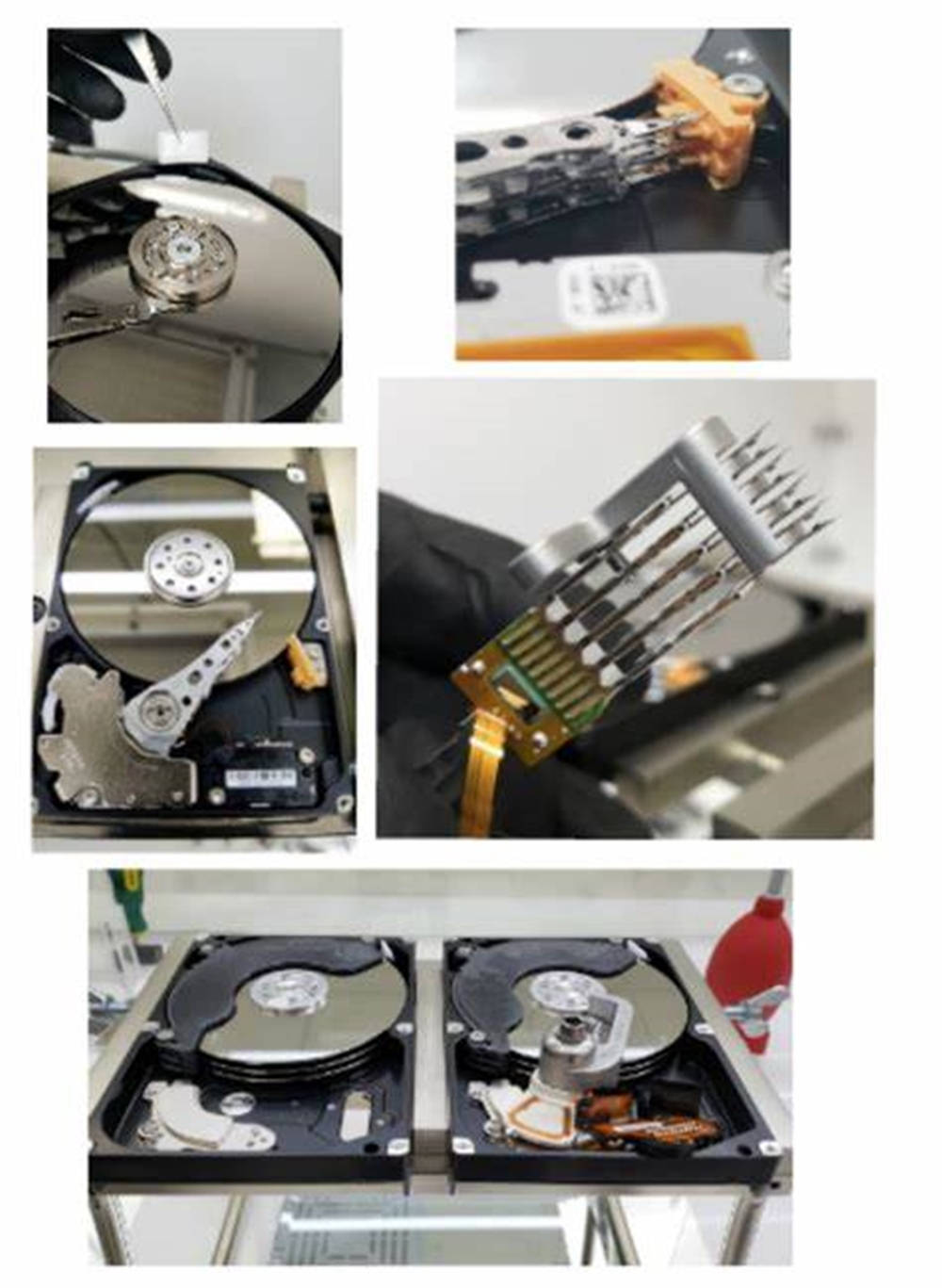 電腦硬碟盤片拼貼圖 壁紙 — 拆解硬碟機的特寫鏡頭，揭示內部組件，例如旋轉碟片和讀寫頭。