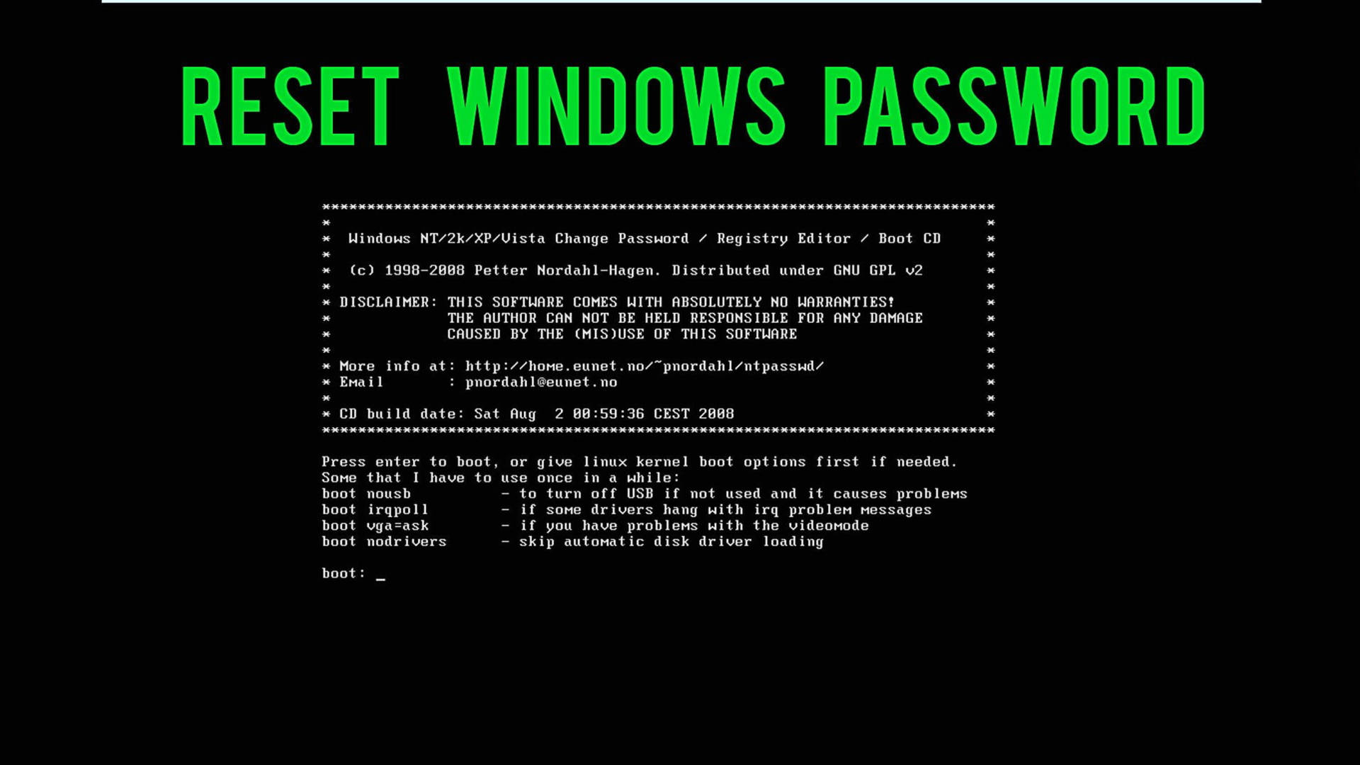 黑色背景上顯示 Windows 密碼重設指示的綠色文字終端機畫面。